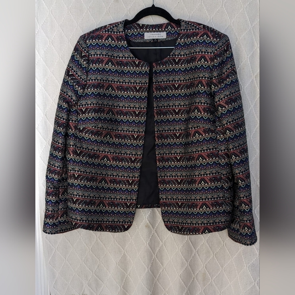 Tahari Multi colored jacquard lady-like‎ open front boxy blazer jacket size 18